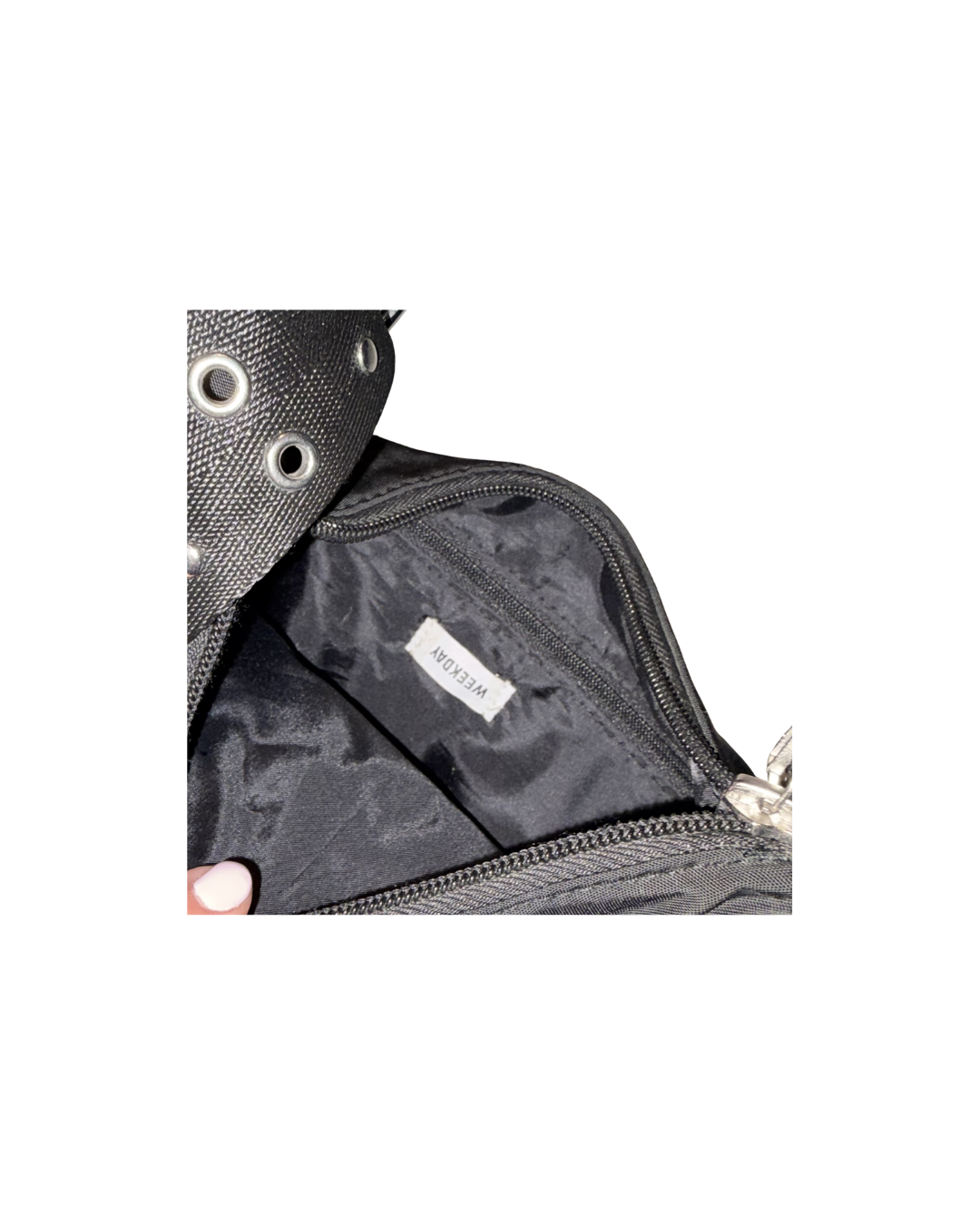 black WEEKDAY nicole shoulder bag, fully adjustable strap with rivets