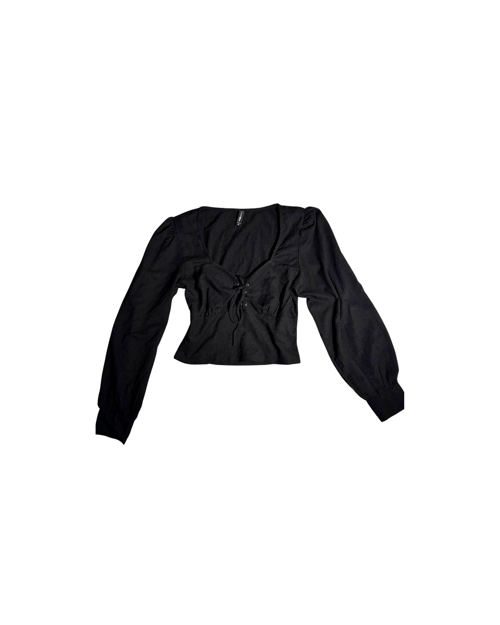 black crepe crop top with corset-like detail on bust