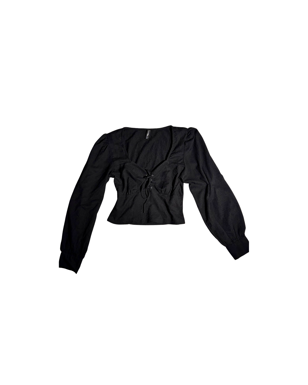 black crepe crop top with corset-like detail on bust