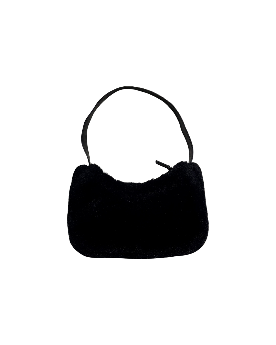 black fur bag with faux leather straps