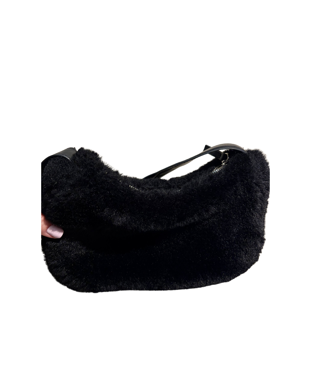 black fur bag with faux leather straps